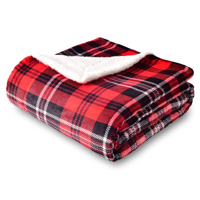 SOCHOW Sherpa Plaid Fleece Throw Blanket, Double-Sided Super Soft Luxurious Bedding Blanket 50 x 60 inches, Red/Grey - Image 1